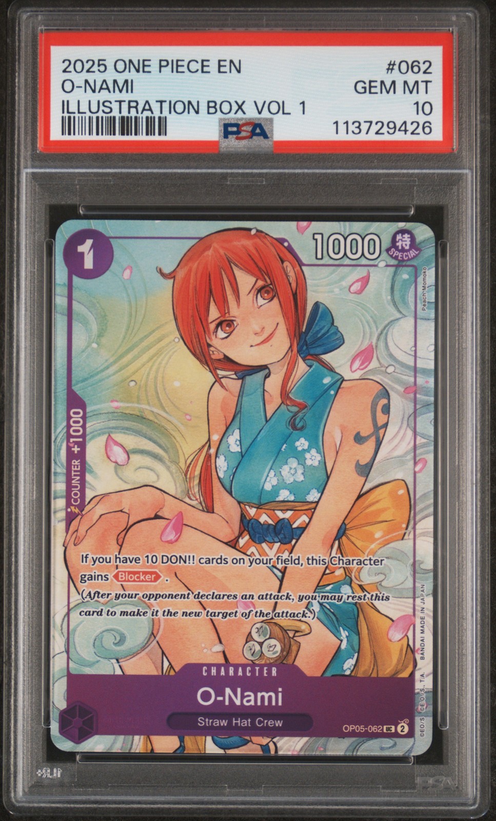2025 ONE PIECE PROMOS ILLUSTRATION BOX VOL 1 #062 O-NAMI PSA 10
