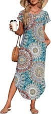 PLOKNRD Summer Maxi Dresses for Women UK with Pockets Round Neck Casual Short Sl