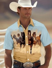 Mens Western Cowboy Shirt Short Sleeve Retro Printing Casual Buttons Down Shirt