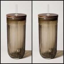 Set of 2 - 21oz Fluted Glass Tumbler with Wood Lid Brown -Hearth & Hand Magnolia