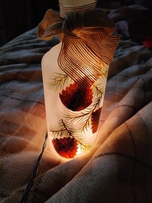 Stony Creek 8 Inch Light Up Glass Frosted Bottle With Pine Cones Ambiance