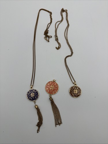 3pc Gold Tone Enamel Pendant Necklace Lot Tassel Chain Blue Coral Brown