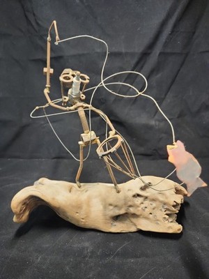  Artist B. Westfall Nuts & Bolts Fly Fisherman Sculpture on Driftwood