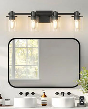 4-Light Bathroom Vanity Light, Black Clear Glass Shades, E26 Base, 26in ETL