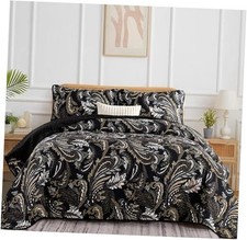 Boho Quilt Set Queen,Paisley Floral Pattern Bedspread Queen 96"W 90"L Black