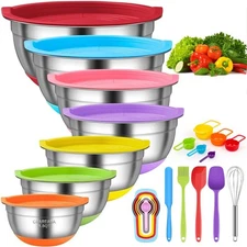 CHAREADA Mixing Bowls with Airtight Lids, 18pcs Stainless Steel Nesting Color...
