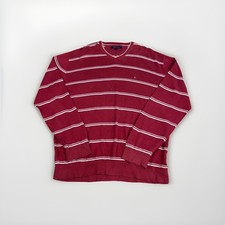 Tommy Hilfiger Striped Red Pullover Jumper XXL V-Neck Cotton Blend Mens