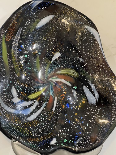 Mid Century Murano Art Glass Swirled Decorative Bowl Dish Black Multi - Picture 2 of 4