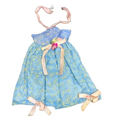 Vintage Handmade Doll Dress Blue Pink Ribbon Flower Craft Sleeveless Halter