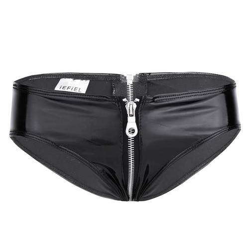 Women Zipper Crotch Boxer Panties Briefs PVC Leather Micro Shorts