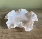 Vintage Fenton Rose Pastel Bon Bon Dish Hobnail Pink Milk Glass Ruffled Edges