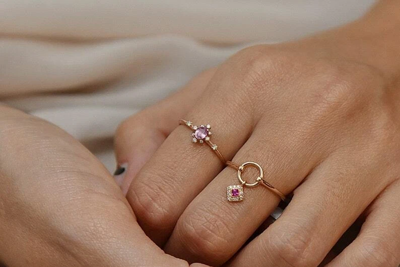 Oval Pink Sapphire Ring, 14k Solid Gold Natural Ring, Pink Sapphire And Diamond  - Image 2 of 3