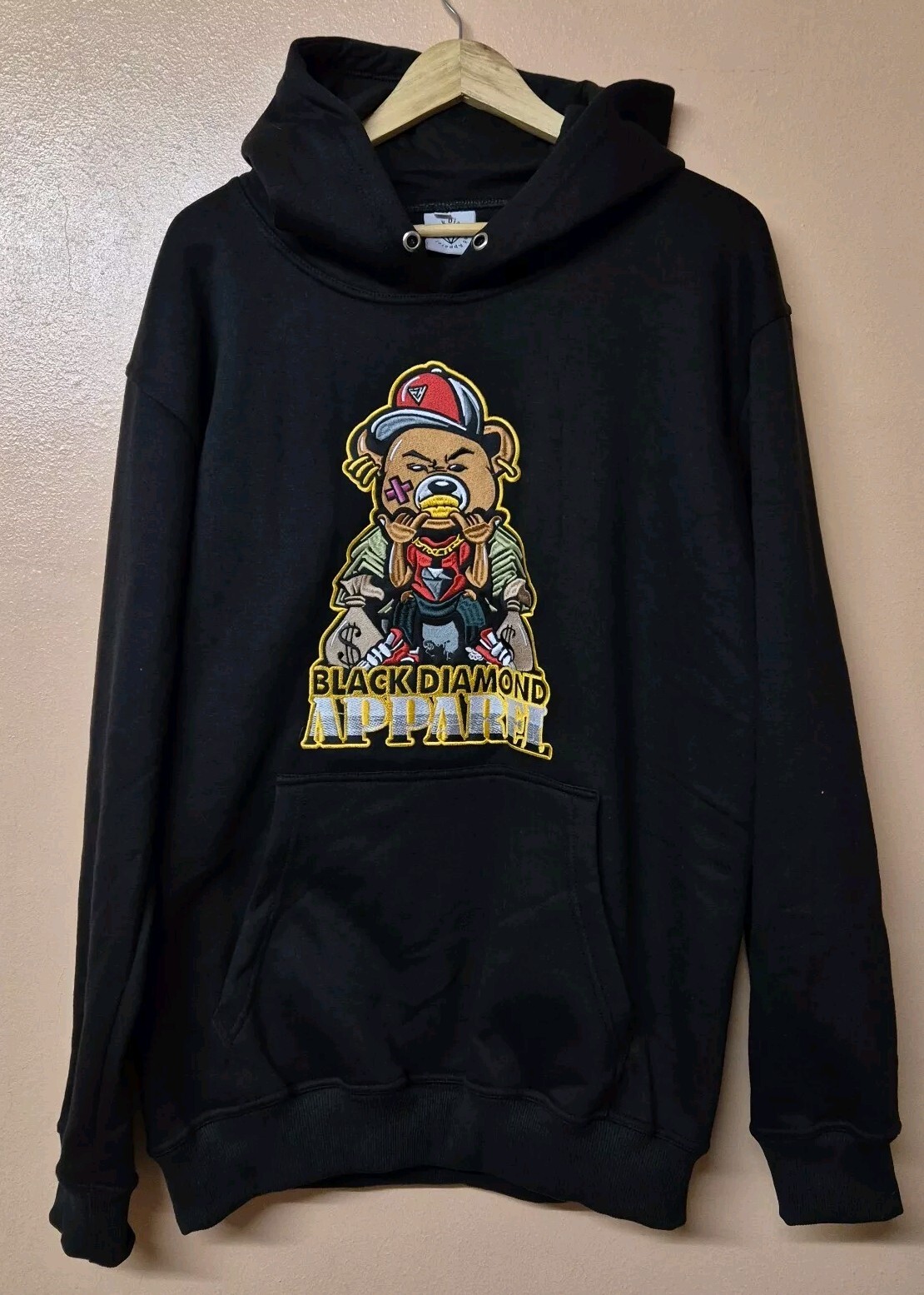 Sudadera con capucha negra Diamond Apparel negra bordada logotipo de oso algodón polar talla 2XL