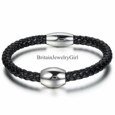 Black Leather Braided Wristband Bracelet Stainless Steel Bangle Wrap Mens Lady