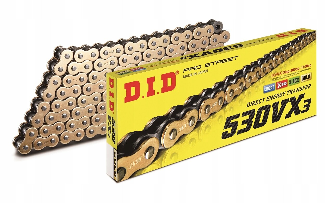 Chaîne DID 530 VX3G&B 108 maillons or pour éviter l'allongement et l'usure