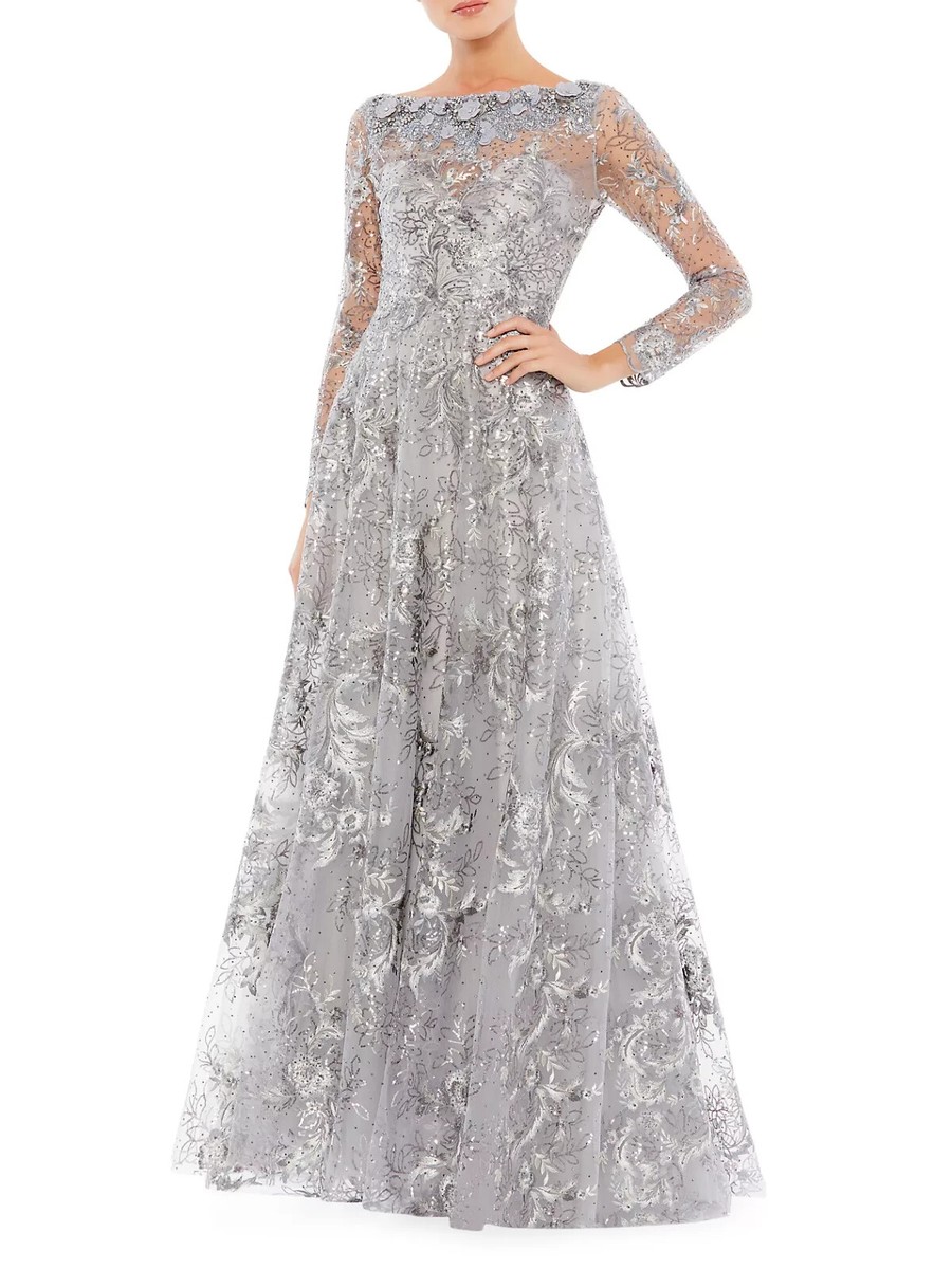 Mac Duggal Sterling Silver Sequin Floral Embroidered Illusion Gown 18 $498  | eBay