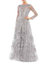 Mac Duggal Sterling Silver Sequin Floral Embroidered Illusion Gown 18 $498