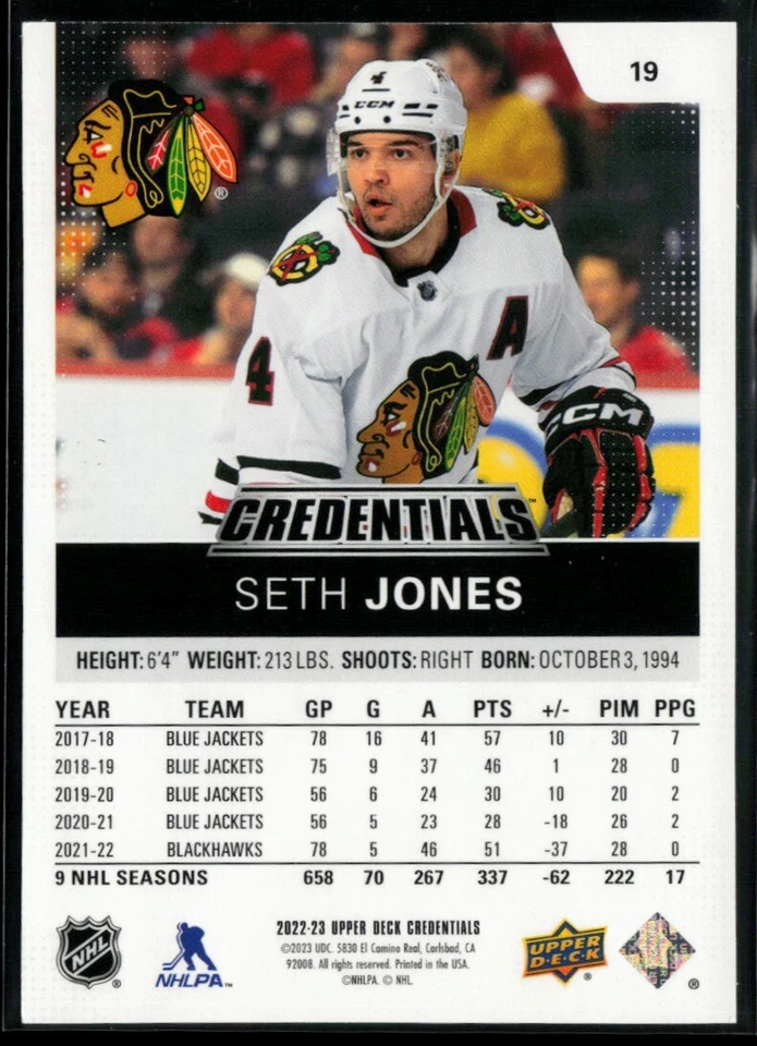 2022-23 Upper Deck Credentials Orange #19 Seth Jones 003/149 - Image 2 of 2
