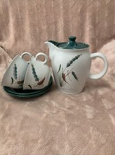 Two Vintage Denby Greenwheat Tea Cups & Saucers & Small Tea/Coffee Pot