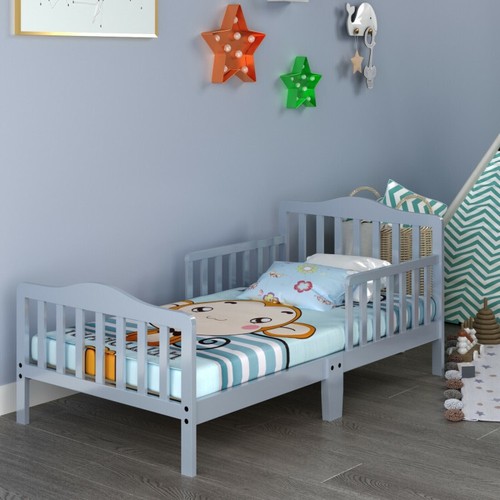 Toddler Bed Frame Two Side Safety Guardrails Wood Gray Kids Bedroom Furniture - Picture 2 of 11