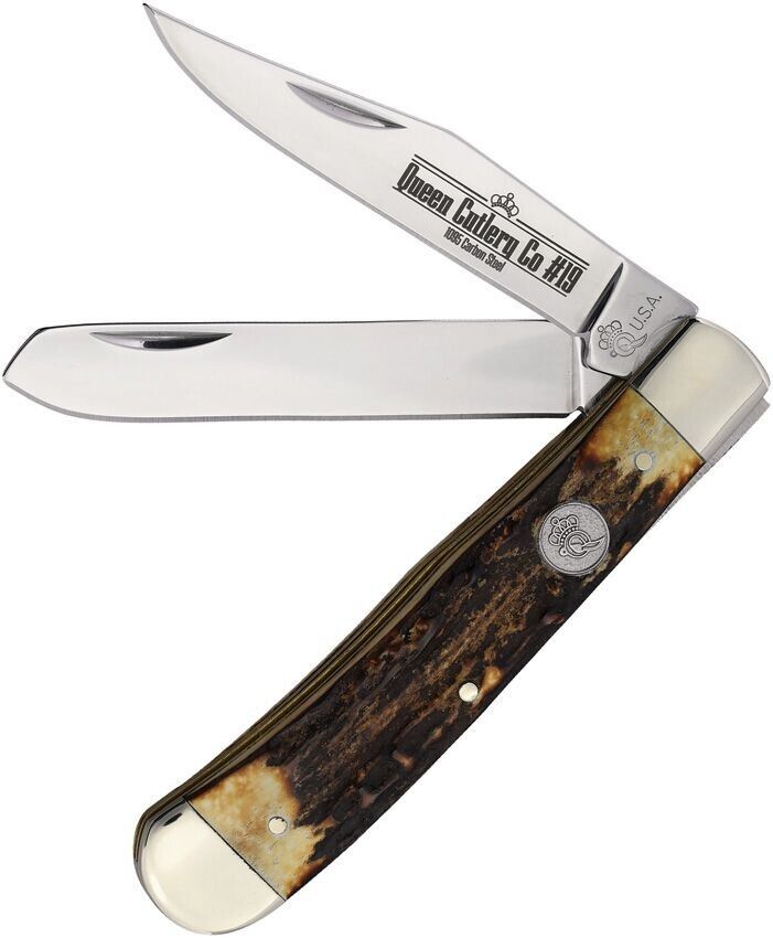 QUEEN CUTLERY KNIFE - STAG TRAPPER - #QGSH54 - 4 1/4" CLOSED - USA