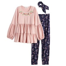 Girls Knitworks 3 Piece Tired Embroidered Top, Floral Leggings Scrunchie