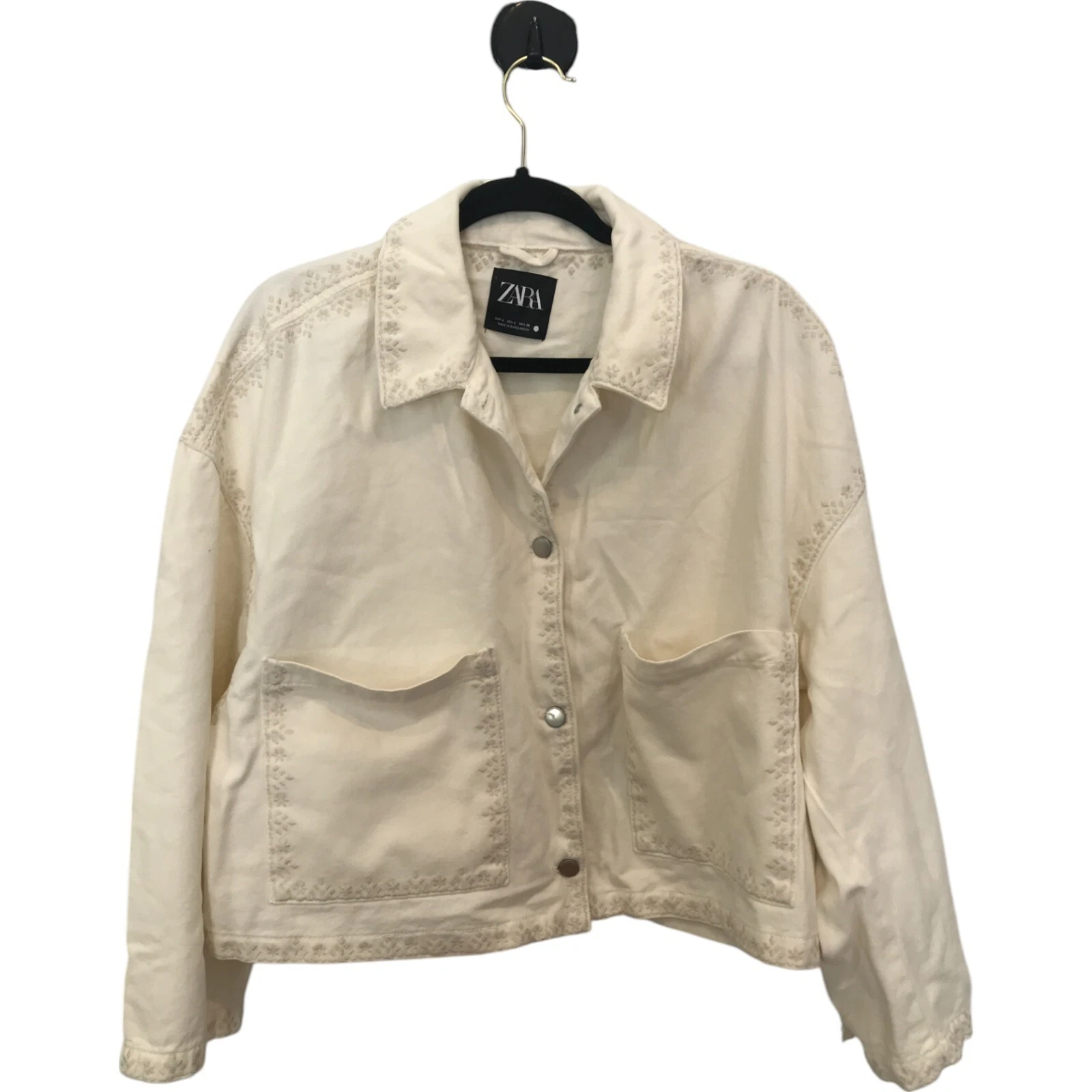 OFF WHITE Giacca sopracamicia donna Zara taglia L bianco sporco patch floreale tasca 4877 240 nuova senza etichette