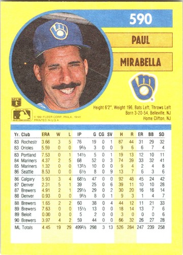 1991 Fleer #590b Paul Mirabella - Picture 2 of 2