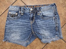 Rock Revival Sabrina Women s Blue Denim Cut-Off Shorts 28 Mid Rise Studded