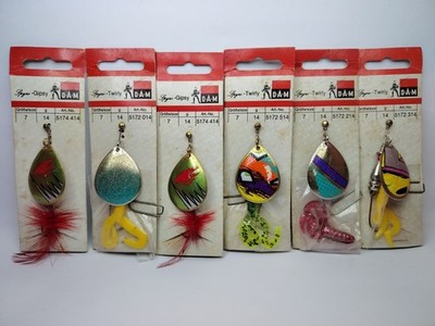 6 Vintage D.A.M. Spinnerköder Twirly & Gipsy 14g - seltene Angelköder NOS