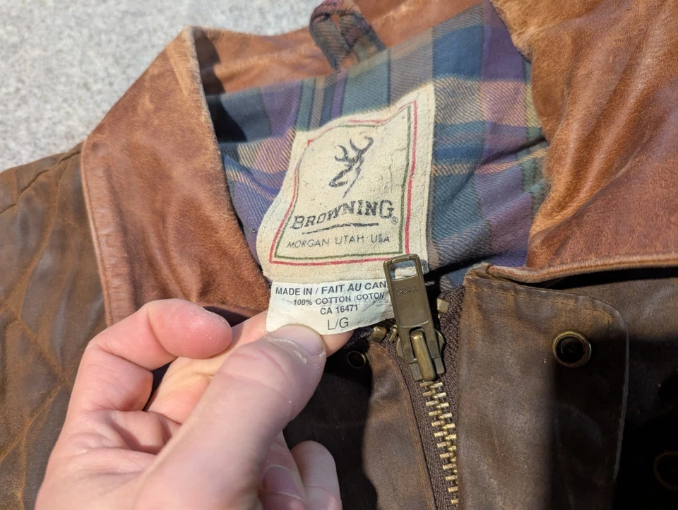 Vintage Browning Jacket Mens Large Brown Waxed Cotton Canvas Leather Trim Coat - Image 2 of 4
