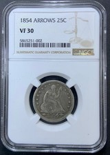 1854 Arrows Seated Liberty Silver Quarter NGC VF30 - Attractive Desirable Date!