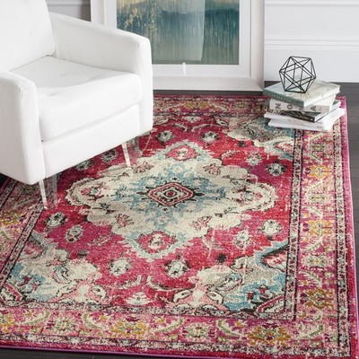 Area Rug 6 7 x 9 2 Pink Multi Distressed Medallion SAFAVIEH Monaco MNC243D Easy
