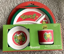 New Grinch 3 pc Bamboo Mealtime set w/cup,bowl + plate.perfect for the holidays