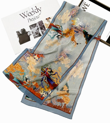 55''X13''Flying Lady Print Pure Mulberry Crepe Silk Long Scarf 140cmX35cm5-11