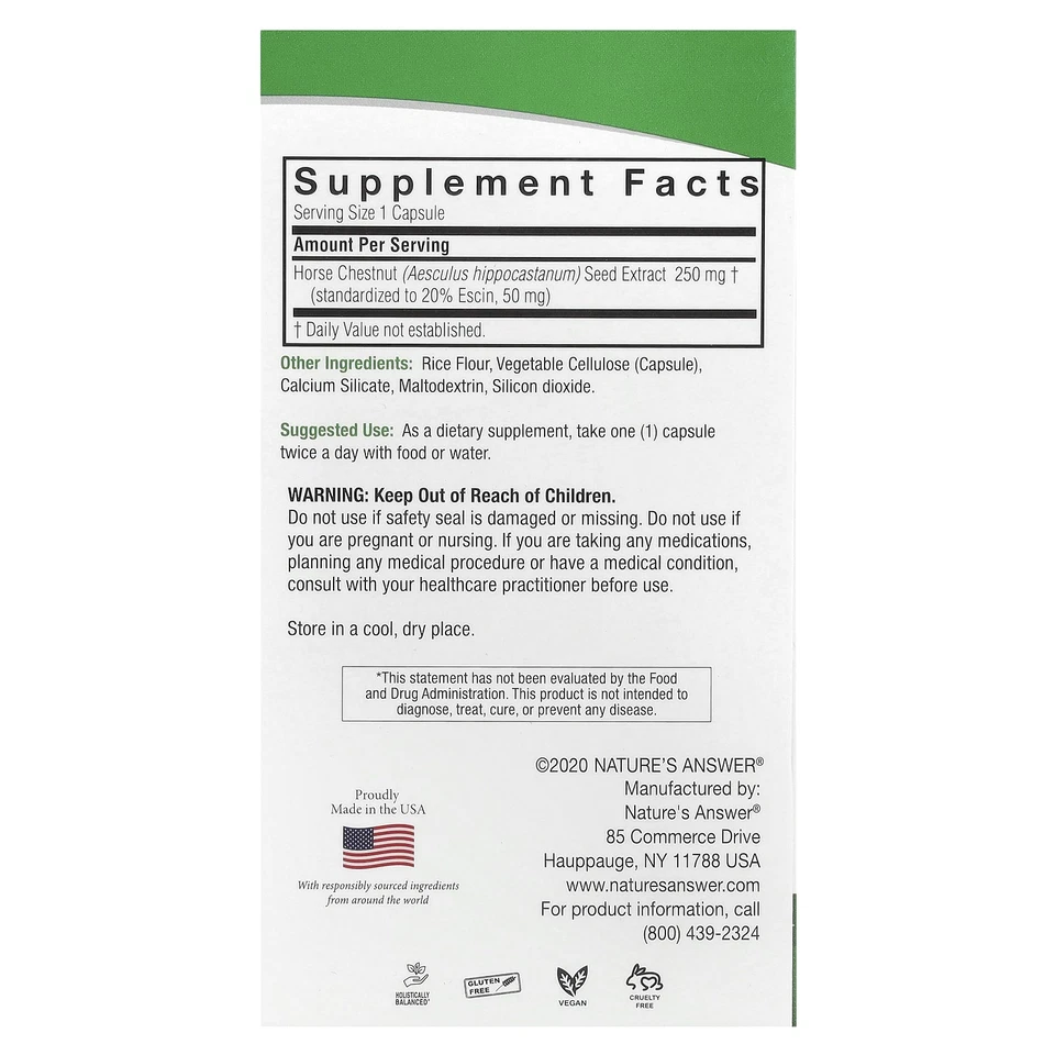 Nature s Answer Castaño de Indias 250 mg 90 Cápsulas Vegetarianas Sin Crueldad, No Foto 2 de 3