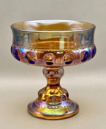 Vintage Indiana Amber Carnival Glass Kings Crown Thumbprint Compote Candy Bowl