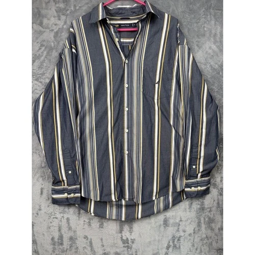 Nautica Mens XL Long Sleeve Button Down Shirt Striped Navy Blue Yellow Cotton - product listing photo