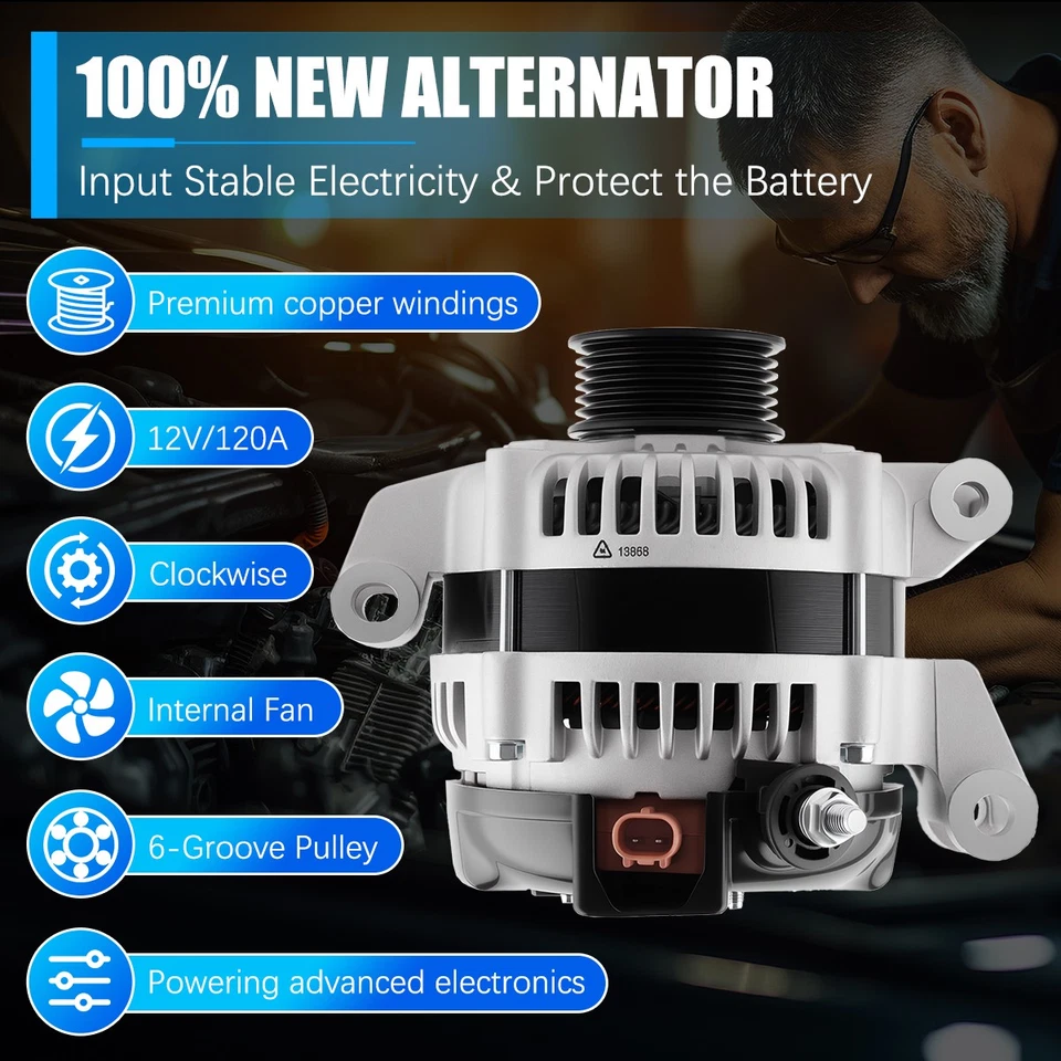 Alternator for 2001-2006 Dodge Stratus Chrysler Sebring 2.4L 2.7L 120Amp 13868 Foto 3 de 4