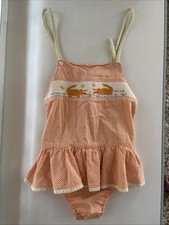 Girls Vintage Smocked Gingham Orange Check Bathing Suit