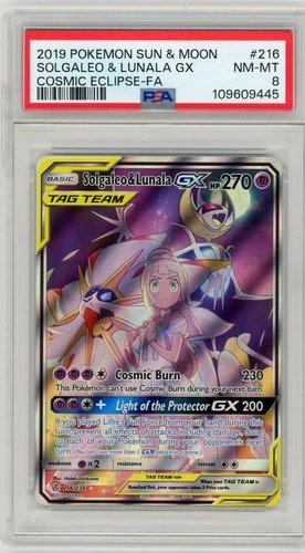 2019 POKEMON SUN & MOON COSMIC ECLIPSE #216 FULL ART/SOLGALEO & LUNALA GX PSA 8