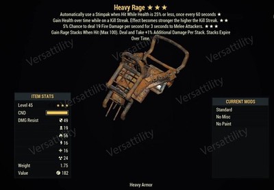 Fallout 76 Heavy Rage Heavy Armor In-Game Item Level 45 PS4 PS5