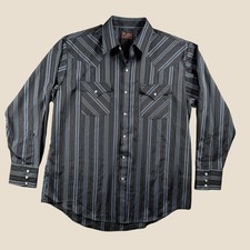 Plains Western Wear Pearl Snap Shirt Men L Black Blue Striped Long Sleeve Cowboy