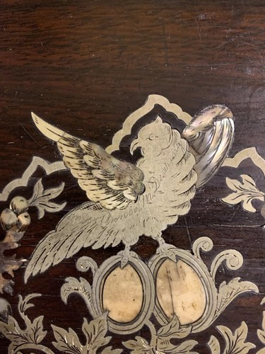 SALE! Antique Rosewood Writing Box Travel Lap Desk Wood Brass Mother Pearl Inlay - Picture 6 of 19