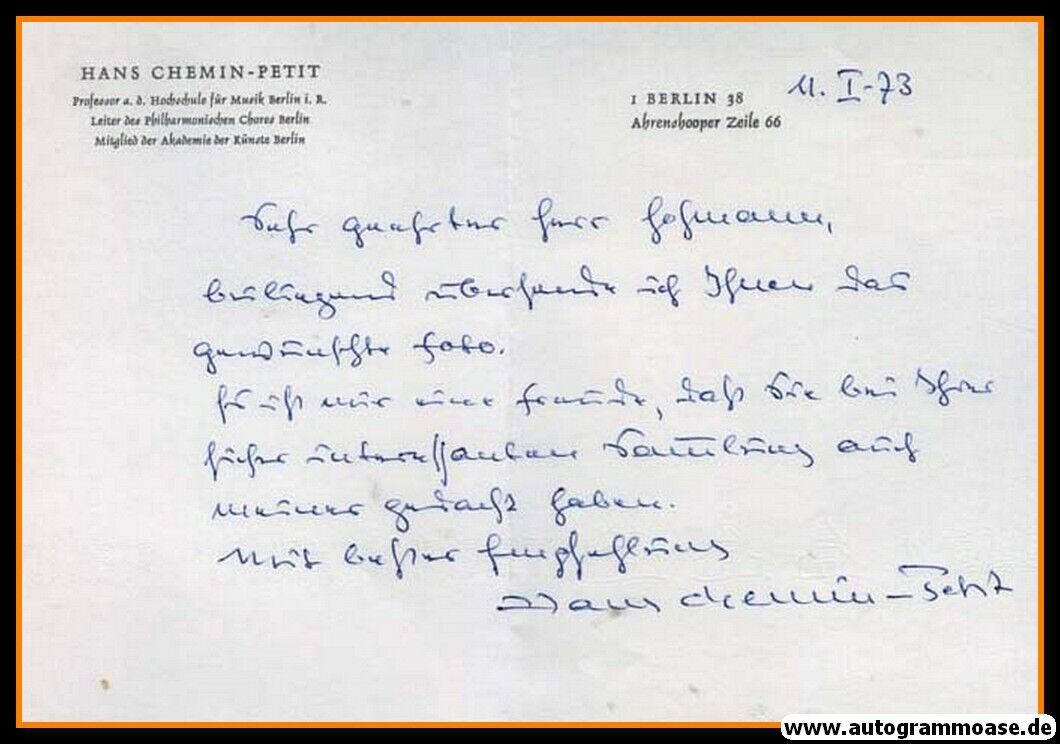 Autograph Komponist | Hans CHEMIN-PETIT | 1973 (Brief) Ograniczona SPRZEDAŻ, oryginalna gwarancja