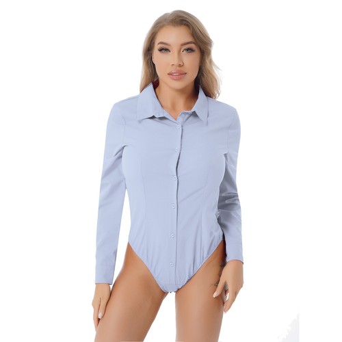 Womens Bodysuit Long Sleeve Shirt Button Down Leotard Slim Fit Jumpsuit Solid - Picture 28 of 55