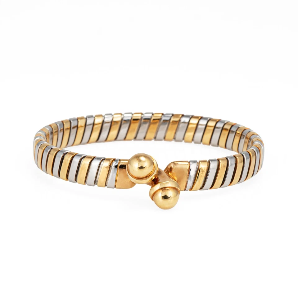 Vintage 90s Bulgari Tubogas Bracelet 18k Gold Stainless Steel Double Orb Hook