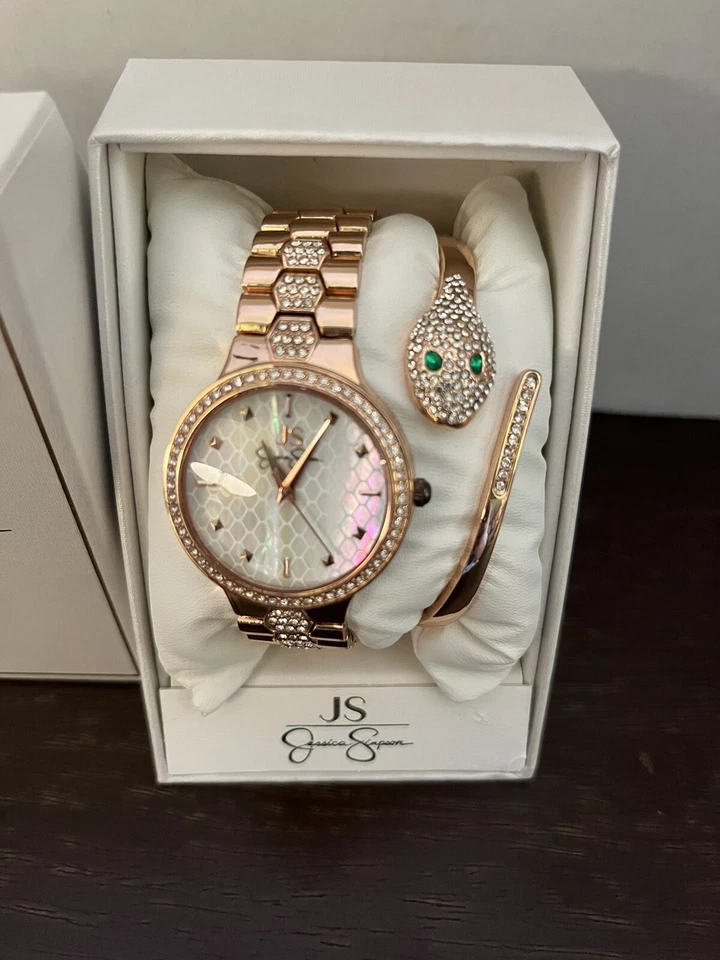 Jessica Simpson Bracelet And Watch Set Rose Gold Tone with Faux Rhinestones NIB - Image 2 of 2