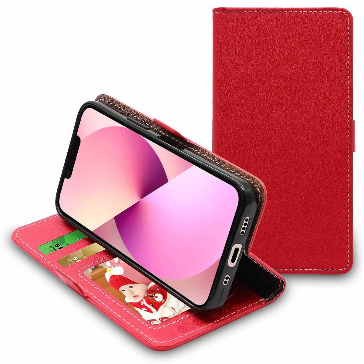 Coque iPhone 13 rouge anti-rayure qui protège l'écran et range vos cartes bancaires