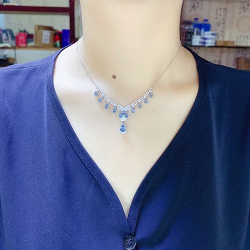 New Luxury Girl Jewelry Gifts Blue Topaz Gemstone Silver Women Necklaces 18'' - Picture 6 of 6